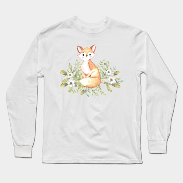 Little fox among flowers and leaves Long Sleeve T-Shirt by LatiendadeAryam